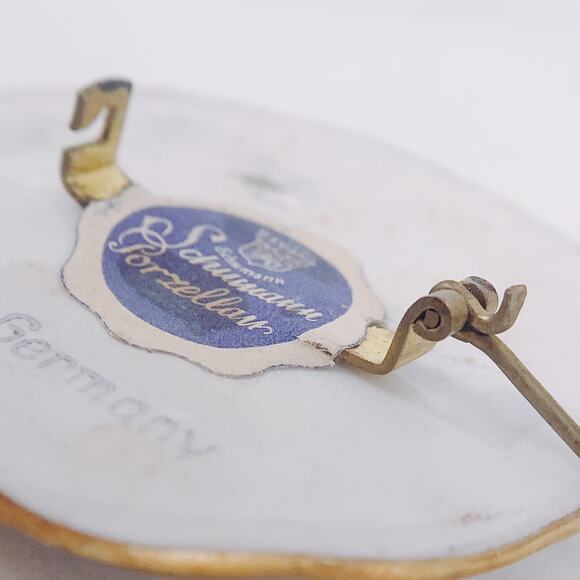 VTG Signed Schumann Bavaria Hand Painted Porcelain Floral Brooch 20s C-Clasp Pin - Picture 8 of 16